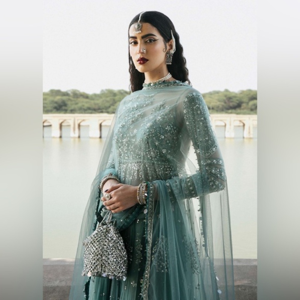 Hussain Rehar Safeena Teal Blue Pishwas Dress - Picture 3 of 8